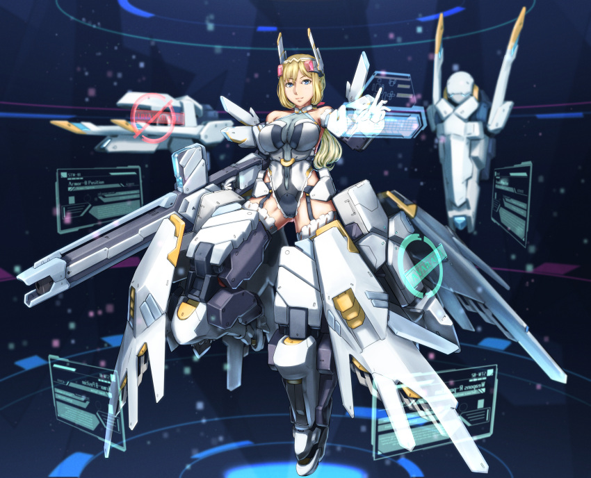 1girl alice_gear_aegis bangs blonde_hair blue_eyes floating frilled_legwear gloves grey_leotard gun highres holding holding_gun holding_weapon holographic_interface leotard long_hair looking_at_viewer low_ponytail mecha_musume rita_henschel science_fiction smile solo thighhighs v-shaped_eyebrows weapon white_gloves yaki_(24centimetre)