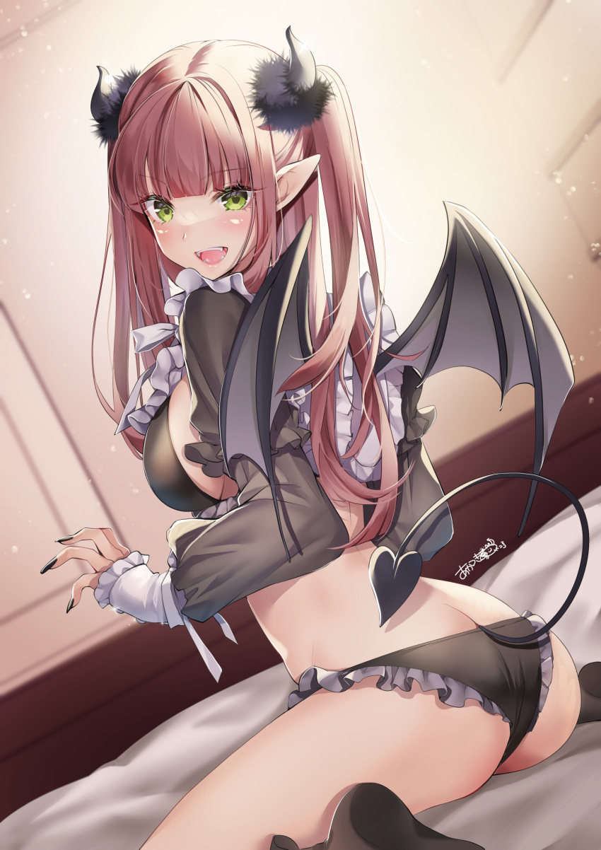 1girl :d akatsuki_hijiri ass backlighting bangs black_legwear black_nails black_panties blunt_bangs blush breasts demon_girl demon_horns demon_tail demon_wings eyebrows_visible_through_hair fangs fingernails frilled_panties frills from_behind green_eyes highres horns indoors kitagawa_marin large_breasts long_fingernails long_hair long_sleeves looking_at_viewer looking_back nail_polish on_bed open_mouth panties pointy_ears red_hair rizu-kyun sideboob signature sitting sleeves_past_wrists smile solo sono_bisque_doll_wa_koi_wo_suru tail two_side_up underwear wariza wings wings_through_clothes