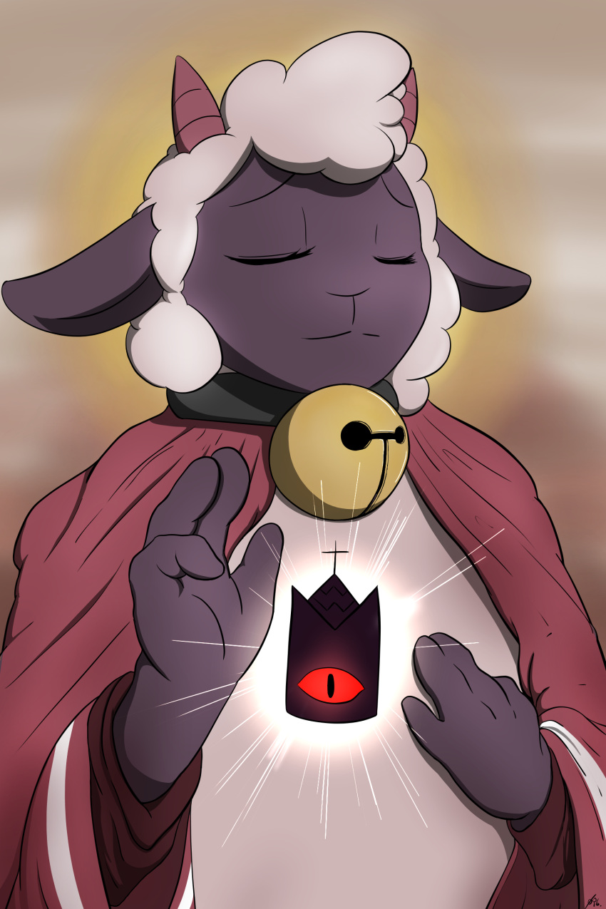 absurd_res anthro bell bell_collar bovid caprine clothing collar crown cultist eyes_closed glowing glowing_eyes hi_res horn lamb_(cult_of_the_lamb) male mammal robe saint sheep solo spicyocean