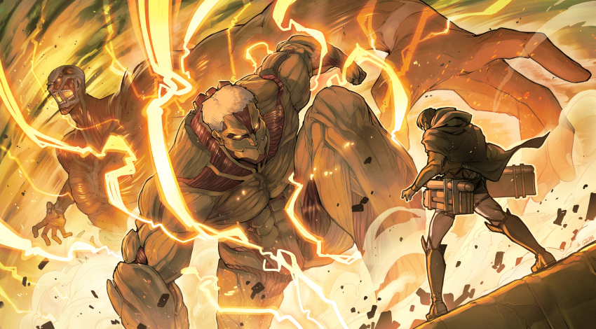 3boys absurdres armored_titan bald battle boots capelet colossal_titan debris electricity eren_yeager fighting_stance foreshortening giant giant_male glowing glowing_eyes gofa highres knee_boots looking_at_another male_focus monster multiple_boys scene_reference serious shingeki_no_kyojin short_hair sky three-dimensional_maneuver_gear