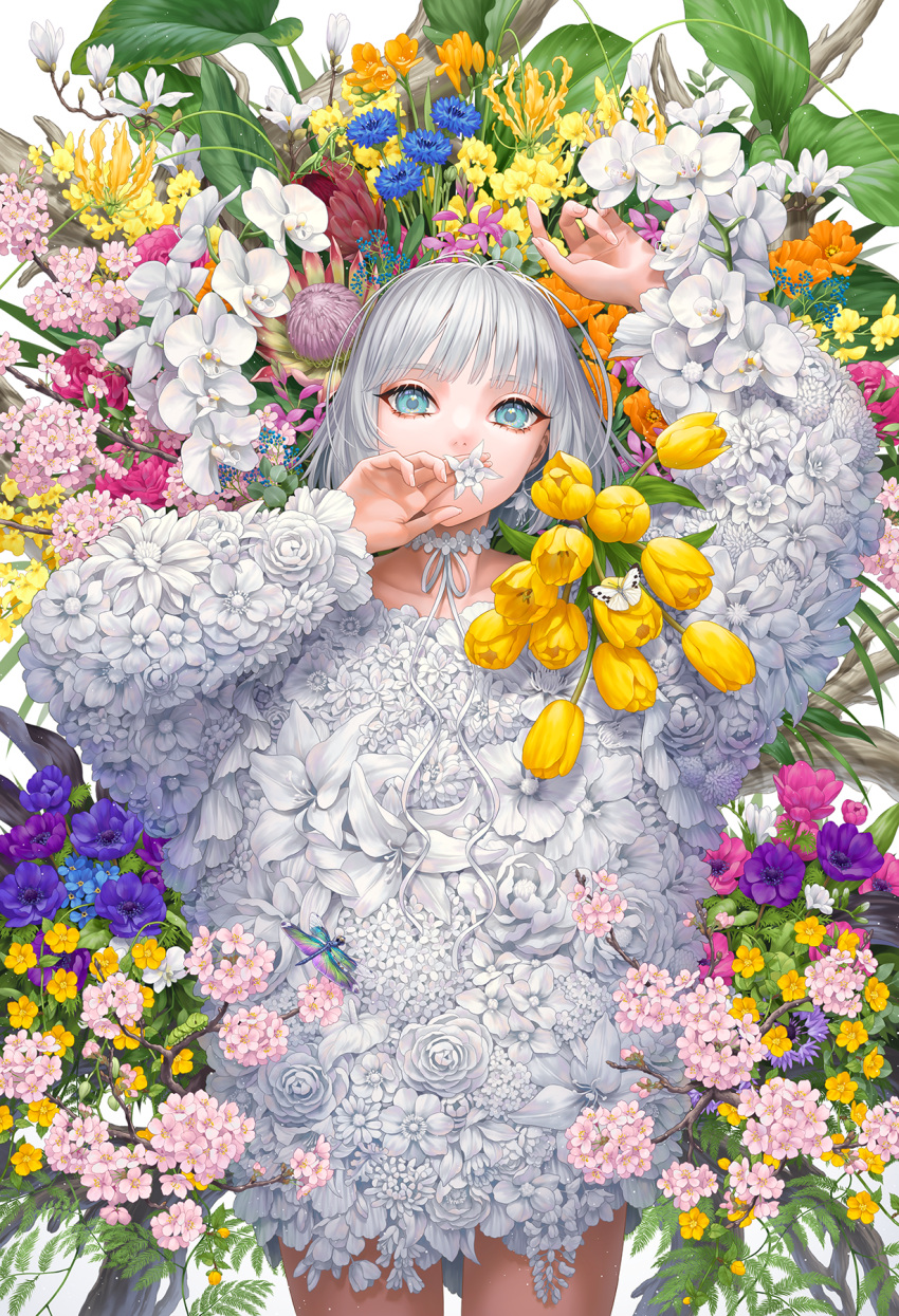 1girl bangs blue_eyes blue_flower blunt_bangs bob_cut bouquet bug butterfly covered_mouth dress eyebrows_behind_hair flower flower_dress flower_request highres holding leaf long_hair long_sleeves looking_at_viewer lying minami_(minami373916) on_back orange_flower original pink_flower purple_flower solo white_dress white_flower yellow_flower