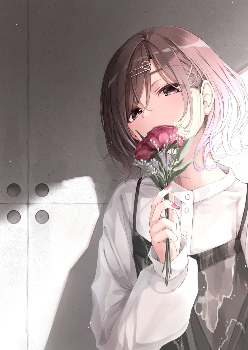 1girl bangs blouse brown_eyes clothing_request covering_mouth flower fuu_(fuore) hair_ornament highres higuchi_madoka idolmaster idolmaster_shiny_colors light_brown_hair long_sleeves looking_at_viewer solo standing sunlight wall