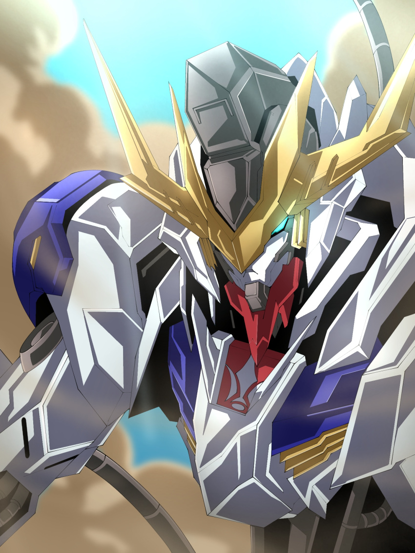 aki.10_01 blue_eyes cable cable_tail glowing glowing_eye gundam gundam_barbatos gundam_barbatos_lupus_rex gundam_tekketsu_no_orphans highres looking_at_viewer mecha mechanical_tail mobile_suit no_humans portrait science_fiction sky smoke solo tail v-fin