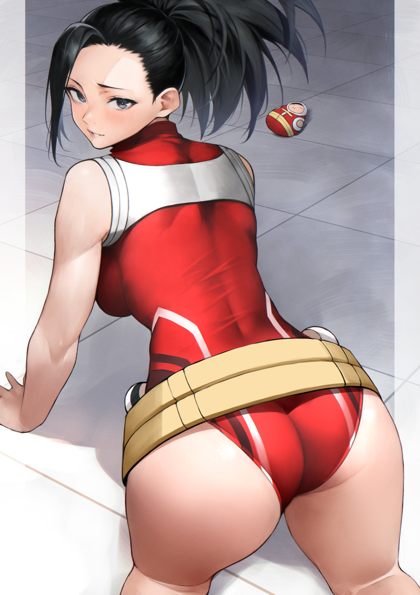 1girl absurdres all_fours ass asymmetrical_bangs bangs belt black_eyes black_hair blush boku_no_hero_academia breasts feet_out_of_frame from_behind furrowed_brow hair_pulled_back highres leotard lips looking_at_viewer looking_back matryoshka_doll medium_breasts medium_hair parted_lips ponytail red_leotard skin_tight sleeveless solo yaoyorozu_momo yoshio_(55level)