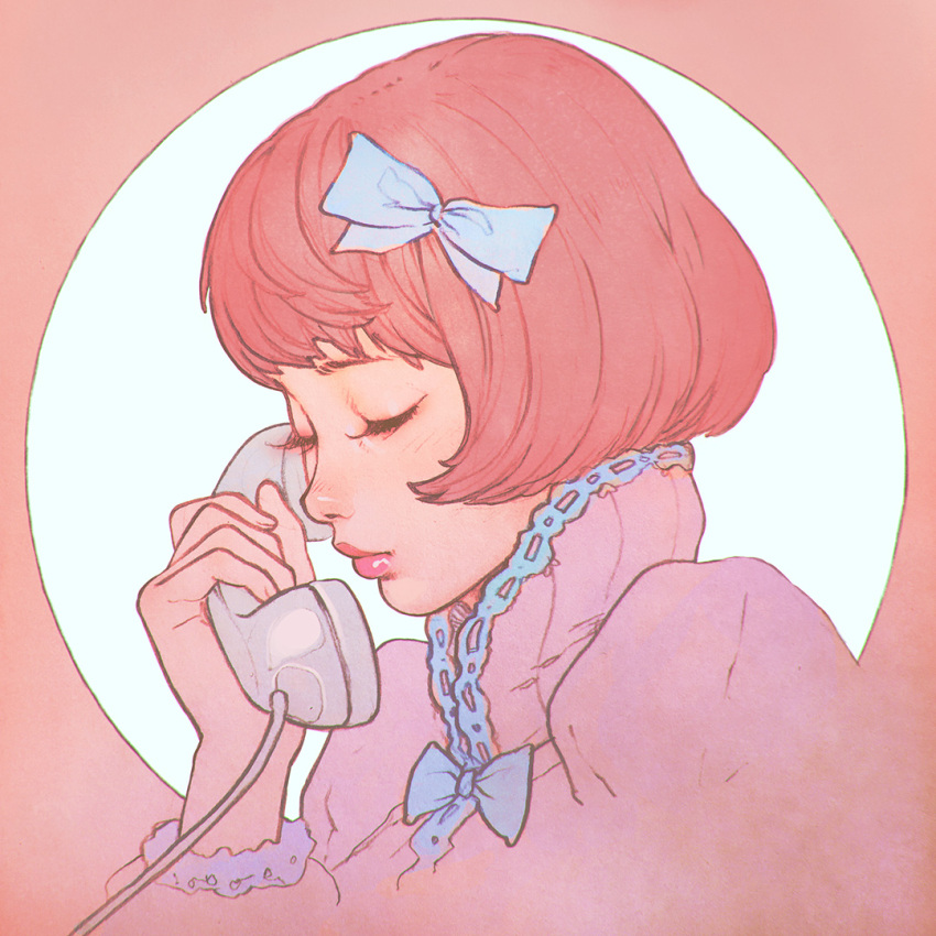 1girl bob_cut border bow closed_eyes corded_phone from_side hair_bow high_collar holding holding_phone ilya_kuvshinov lips lolita_fashion original phone pink_hair pink_theme portrait puffy_sleeves short_hair solo