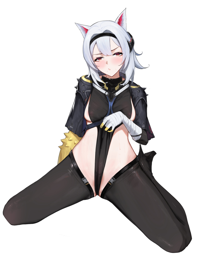 1girl animal_ears arknights bandaged_arm bandages black_footwear black_hairband black_leotard blush boots breasts closed_mouth full_body hair_intakes hairband high_heel_boots high_heels highleg highleg_leotard highres leotard leotard_lift lifted_by_self long_hair looking_at_viewer medium_breasts official_alternate_costume red_eyes sawaki_ken scavenger_(arknights) scavenger_(survive)_(arknights) short_sleeves shoulder_spikes sideboob sideless_outfit silver_hair simple_background sitting solo spikes spread_legs thigh_boots thighhighs wariza white_background