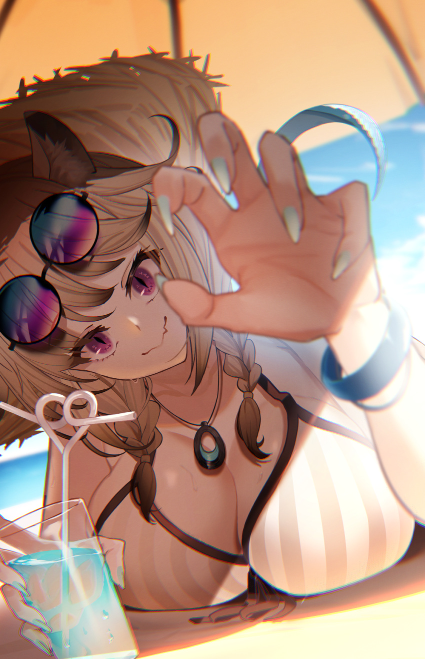 1girl animal_ear_fluff animal_ears arknights bare_shoulders bikini black-framed_eyewear blue_nails braid breast_press breasts brown_hair brown_headwear cleavage closed_mouth collarbone crazy_straw cup day drink drinking_glass drinking_straw eyewear_on_head fingernails hat head_tilt highres holding holding_cup jewelry large_breasts long_fingernails long_hair looking_at_viewer lying nail_polish necklace nishitaka official_alternate_costume on_ground on_stomach outdoors purple-tinted_eyewear purple_eyes round_eyewear slit_pupils smile solo straw_hat striped striped_bikini sunlight swimsuit tail tinted_eyewear twin_braids utage_(arknights) utage_(summer_flowers)_(arknights) vertical-striped_bikini vertical_stripes white_bikini wristband
