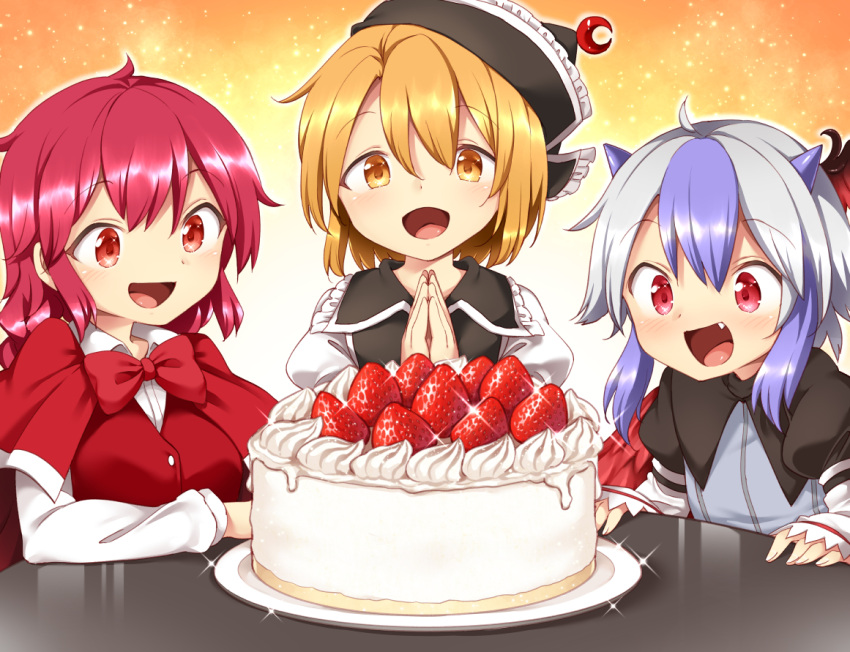 3girls :d ahoge bangs black_headwear black_vest blonde_hair blue_hair blush bow bowtie braid braided_ponytail breasts buttons cake capelet collar commentary_request crescent crescent_hat_ornament fang fingernails food frilled_collar frilled_hat frills happy harusame_(unmei_no_ikasumi) hat hat_ornament horns large_breasts long_hair long_sleeves looking_at_viewer lunasa_prismriver multicolored_hair multiple_girls okazaki_yumemi open_mouth own_hands_together plate red_bow red_bowtie red_capelet red_eyes red_hair shiny shiny_hair shirt silver_hair smile sparkle streaked_hair table tokiko_(touhou) touhou touhou_(pc-98) vest white_shirt yellow_eyes