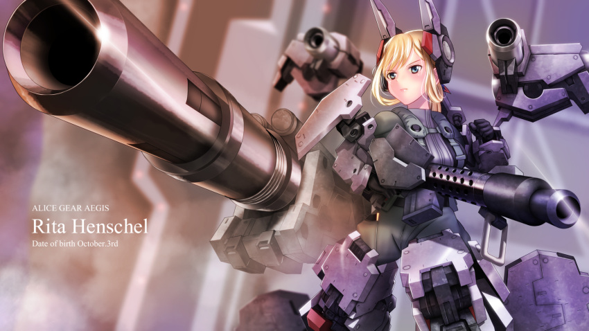 1girl alice_gear_aegis black_gloves blonde_hair bodysuit breasts cannon character_name clenched_hand copyright_name gloves green_eyes grey_bodysuit gun highres holding holding_gun holding_weapon mecha_musume medium_breasts rita_henschel shoulder_cannon solo tect v-shaped_eyebrows weapon