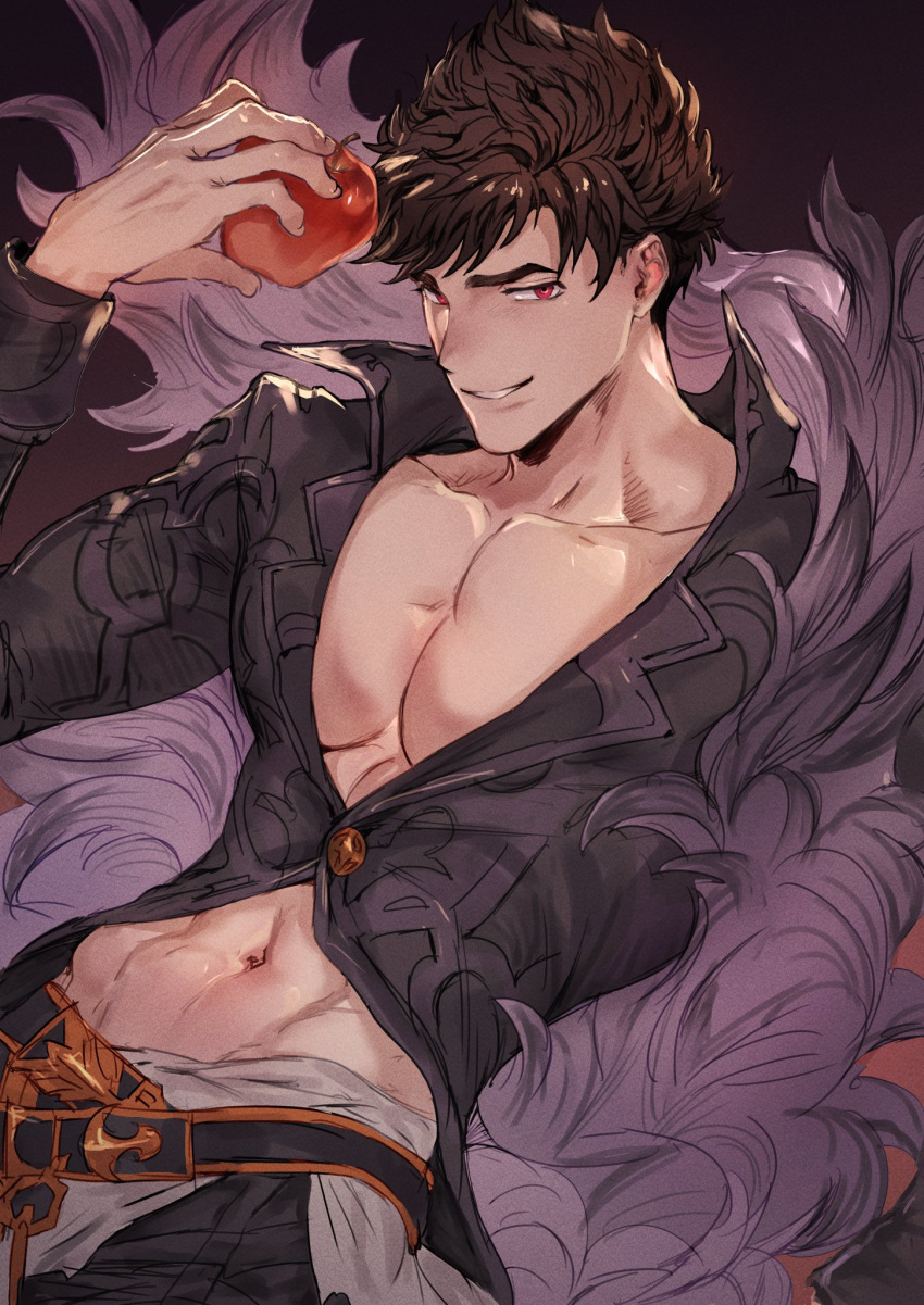 1boy apple belial_(granblue_fantasy) black_hair black_shirt collarbone feather_boa food fruit granblue_fantasy highres looking_at_viewer male_focus navel pants pectoral_cleavage pectorals red_eyes shirt short_hair simple_background smile smirk solo soumaa