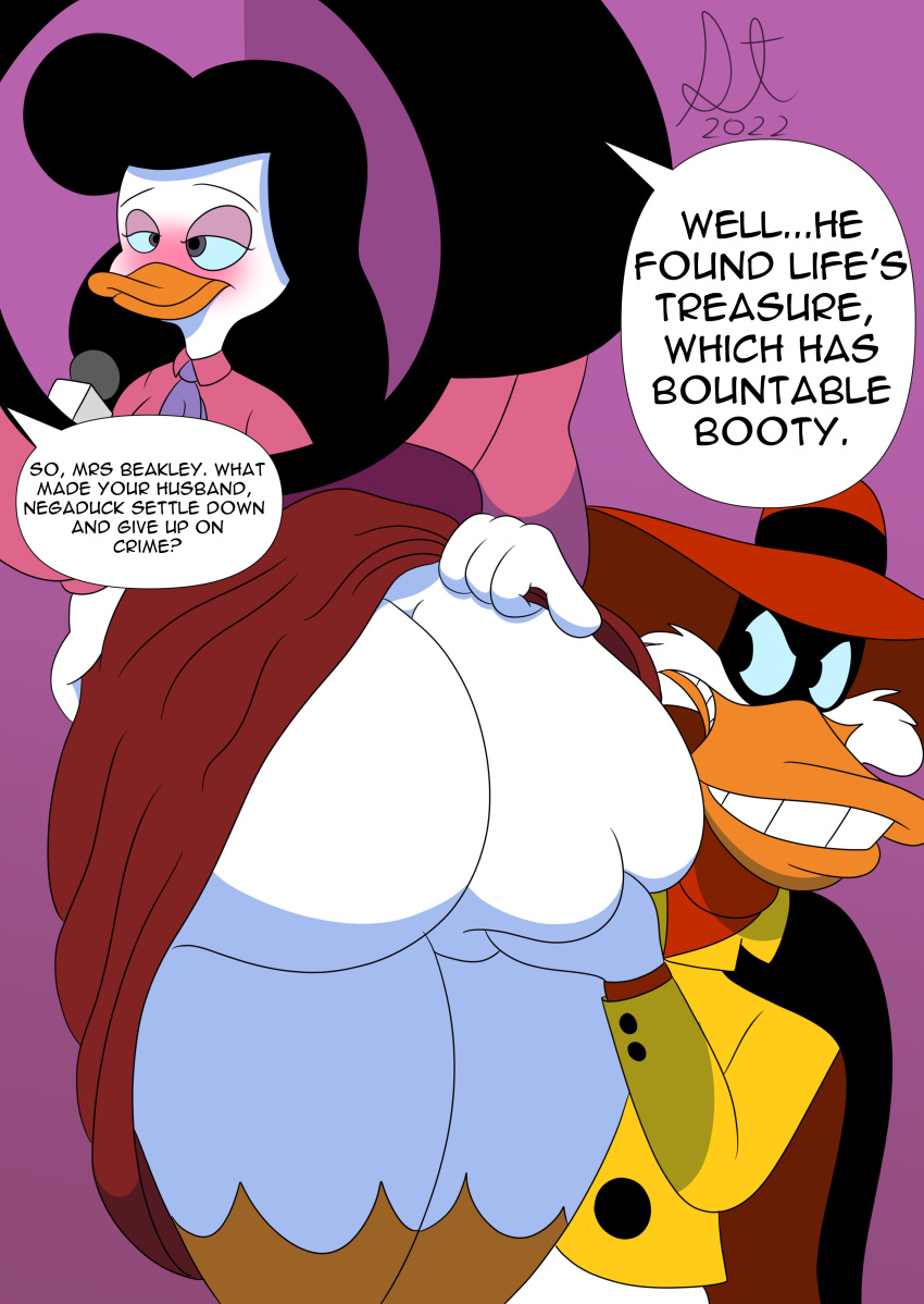 absurd_res anatid anseriform anthro avian bianca_beakley bird blush butt butt_grab butt_shot clothed clothing clothing_lift daffytitanic darkwing_duck disney dress dress_lift duck duo exposed_ass female grope hand_on_butt hi_res male male/female negaduck presenting presenting_hindquarters