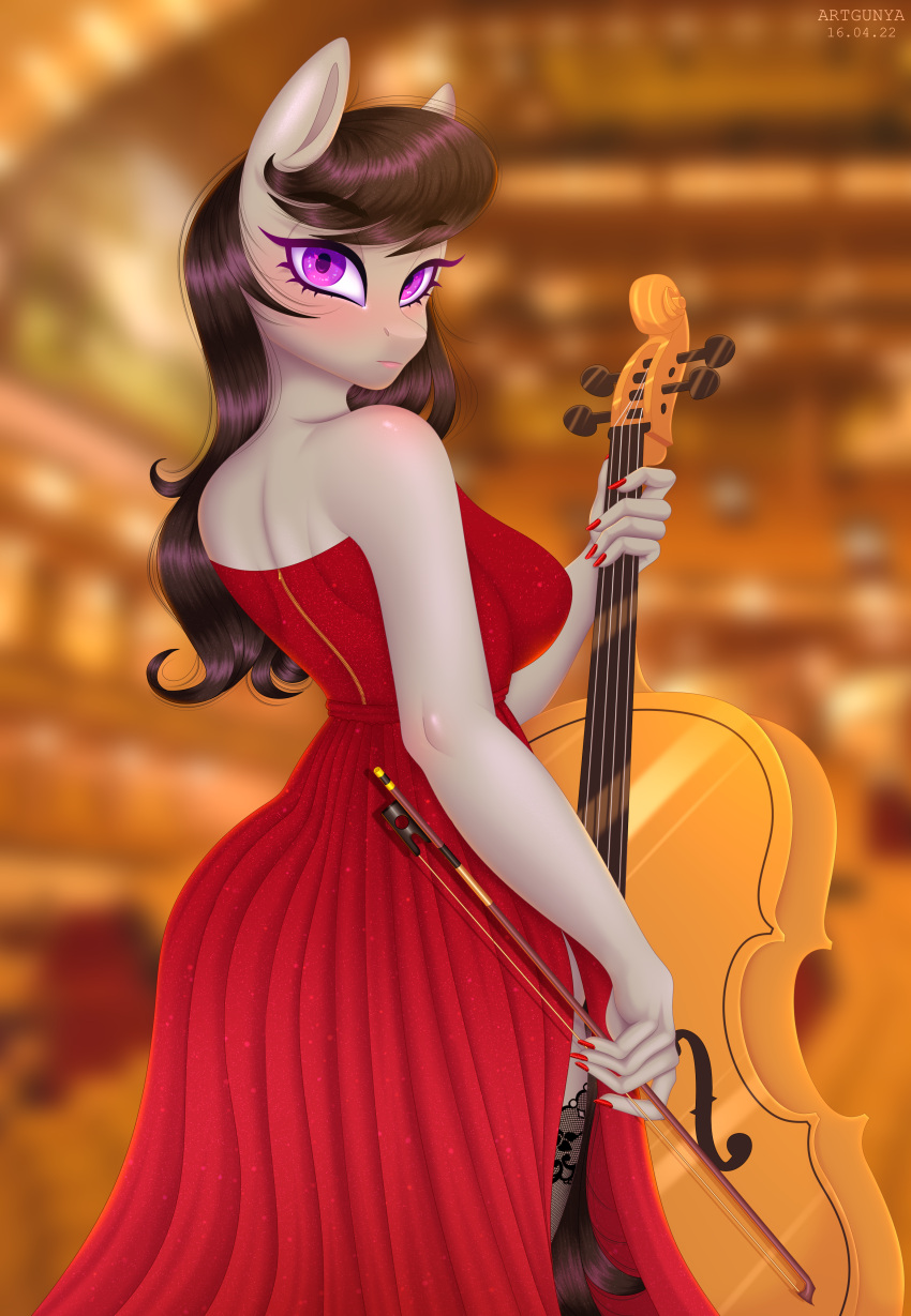 absurd_res anthro anthrofied blush bowed_string_instrument cello clothed clothing dress equid equine female friendship_is_magic gunya hi_res horse looking_at_viewer looking_back looking_back_at_viewer mammal musical_instrument my_little_pony octavia_(mlp) pony solo string_instrument