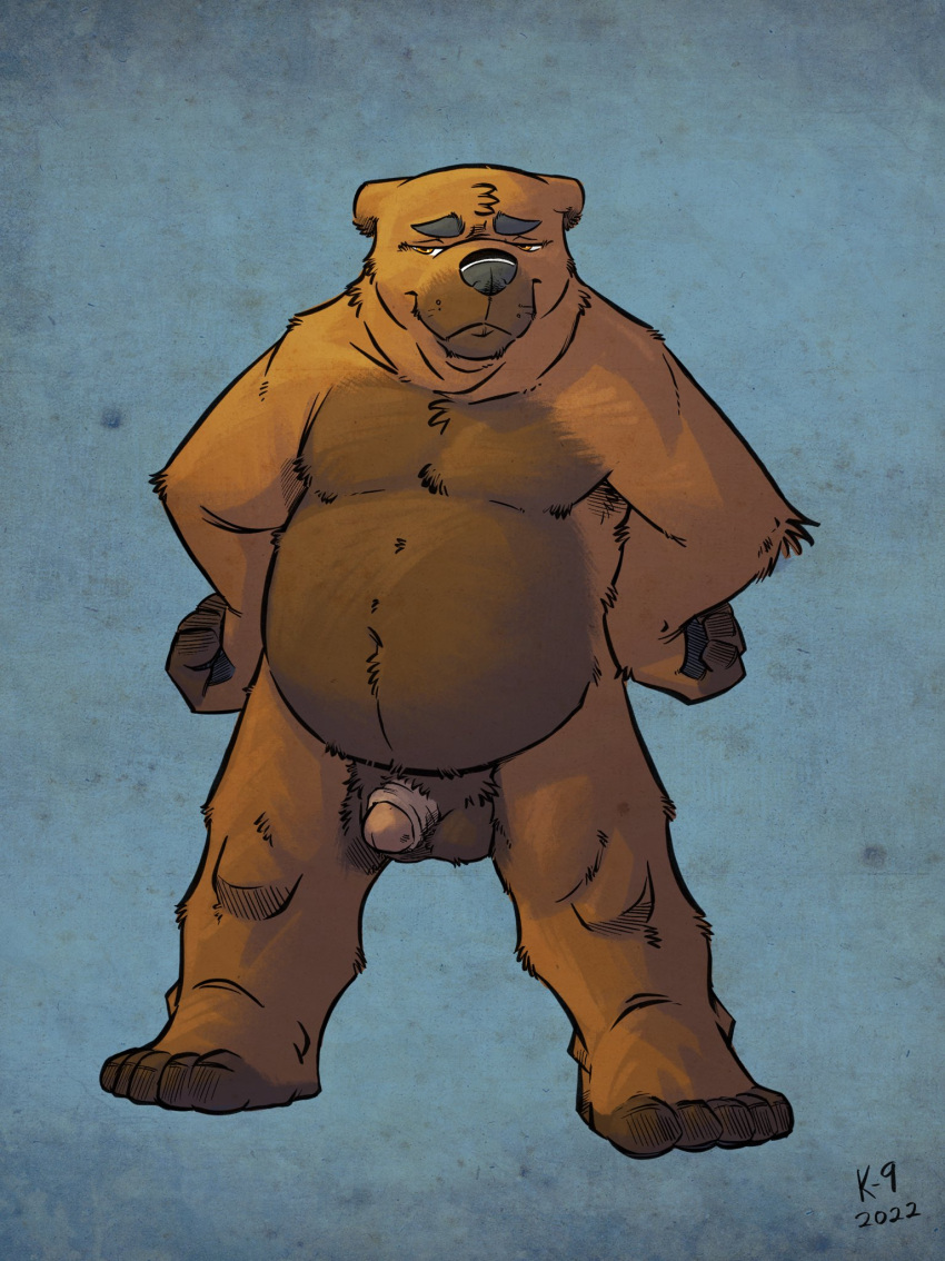 2022 anthro balls barry_the_pizza_bear belly big_belly black_nose brown_body brown_fur flaccid fur genitals hi_res humanoid_genitalia humanoid_hands humanoid_penis k-9 male mammal moobs overweight overweight_male penis small_penis solo ursid