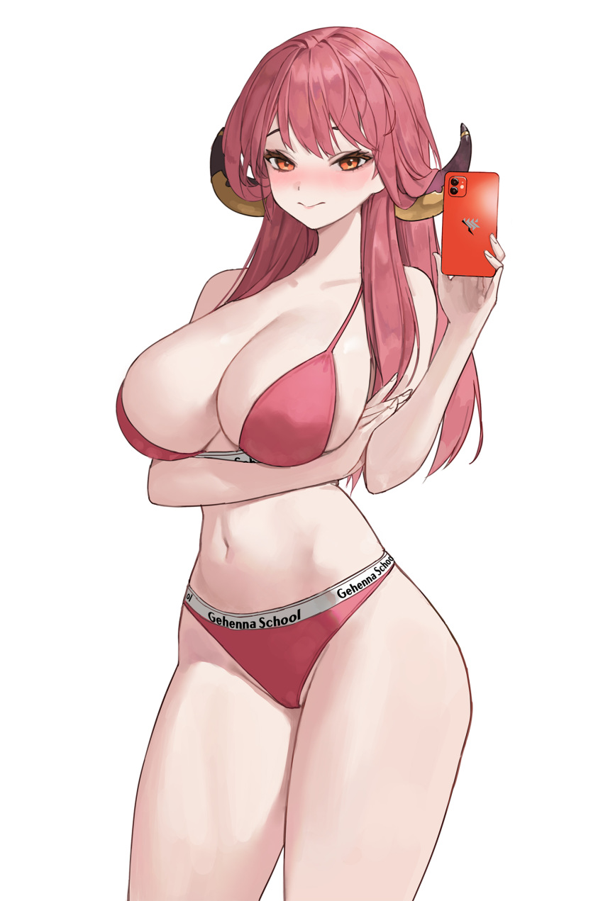 1girl alternate_costume aru_(blue_archive) bangs bare_arms bare_legs bare_shoulders bikini blue_archive blush breasts cellphone cleavage closed_mouth collarbone cowboy_shot eyebrows_visible_through_hair groin hair_between_eyes highres holding holding_phone horns huge_breasts kou_(kokounene) lips long_hair looking_at_viewer navel orange_eyes phone red_bikini red_hair selfie simple_background skindentation smartphone solo standing swimsuit thighs white_background