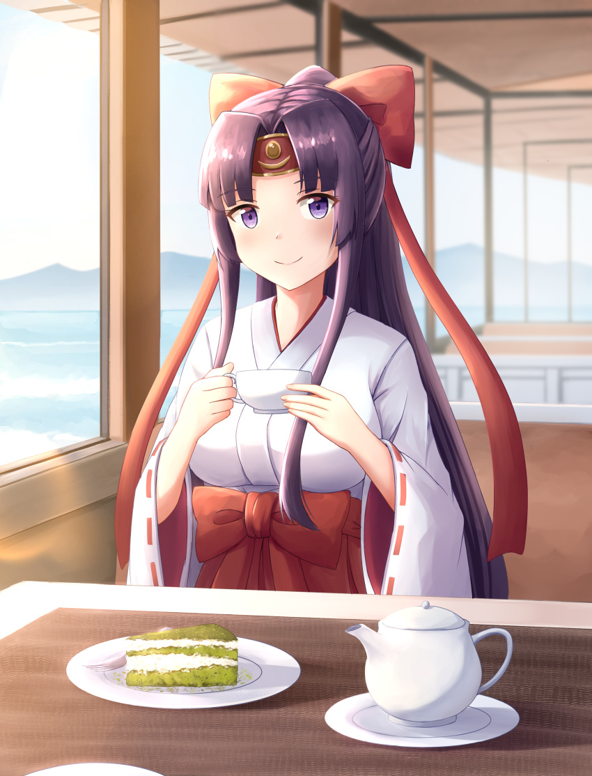 1girl absurdres bangs black_hair blush breasts cake cake_slice commentary_request commission cup day food hair_ribbon hakama headband highres holding holding_cup indoors japanese_clothes kuneamorai large_breasts light_blush long_hair long_sleeves miko parted_bangs plate ponytail purple_eyes queen's_blade queen's_blade_unlimited red_hakama ribbon scenery sidelocks sitting smile solo spoon table tea teacup teapot tomoe tomoe_(queen's_blade_unlimited) wide_sleeves