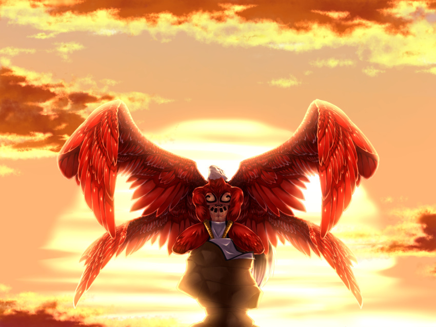 4_wings abirama_redder abs arrancar avian beak bleach_(series) bottomwear clothing cloud detailed_background dusk feathered_wings feathers hollow_(bleach) loincloth male mostly_nude multi_wing muscular pecs red_body red_feathers rock solo spread_wings sunset tattoo wings
