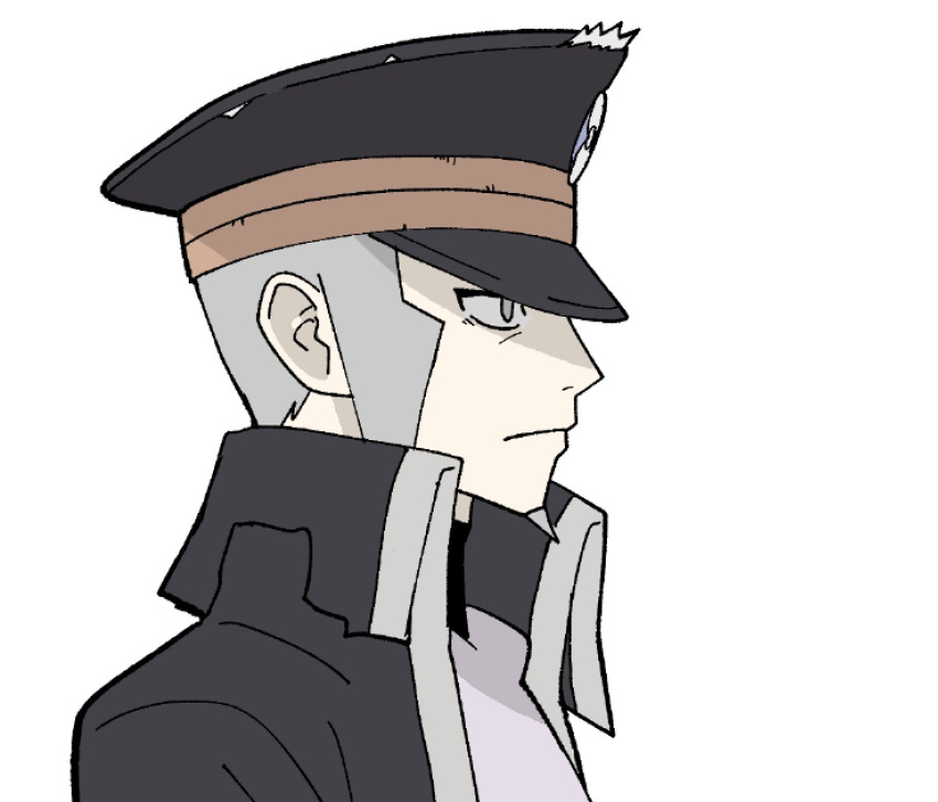 1boy black_coat black_headwear closed_mouth coat from_side grey_eyes grey_hair hat high_collar highres ingo_(pokemon) jaho long_sideburns male_focus peaked_cap pokemon pokemon_(game) pokemon_legends:_arceus short_hair sideburns simple_background solo torn_clothes torn_coat trench_coat upper_body white_background