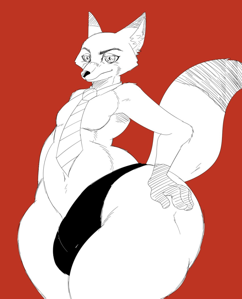 2022 4_fingers a-side anthro big_bulge bulge canid canine clothing disney fingers fox fur half_thong hand_on_hip hi_res inner_ear_fluff looking_at_viewer male mammal mostly_nude navel necktie nick_wilde raised_tail smile solo standing thong tuft underwear wide_hips zootopia