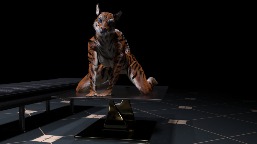 3d_(artwork) 5_fingers all_fours anthro bench bengal_tiger big_eyes big_iris black_ears blue_eyes breasts digital_media_(artwork) earthclan3d featureless_breasts felid female fingers fluffy_fur fur furniture glistening glistening_body glistening_fur mammal multicolored_ears on_table orange_body orange_fur pantherine piper_(earthclan) solo spread_legs spreading straight_arms striped_body striped_fur stripes table tiger two_tone_ears white_body white_fur white_inner_ear white_whiskers