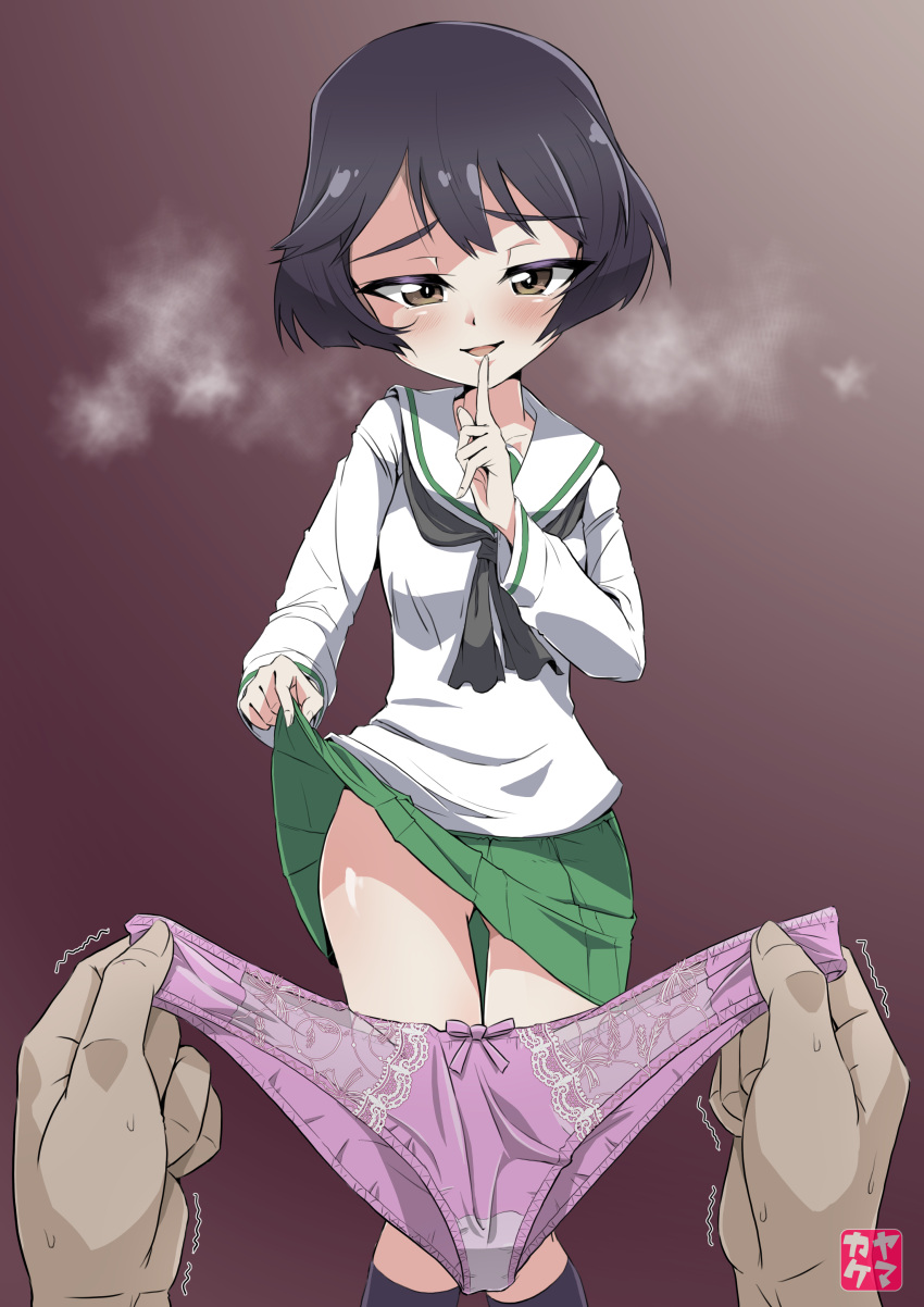 1boy 1girl absurdres black_hair blush breasts brown_eyes clothes_lift collarbone eyebrows_visible_through_hair finger_to_mouth girls_und_panzer green_skirt highres lifted_by_self lingerie looking_at_viewer no_panties ooarai_school_uniform open_mouth panties panties_removed pink_panties pleated_skirt school_uniform shiny shiny_hair shiny_skin short_hair simple_background skirt skirt_lift small_breasts smile underwear utsugi_yuuki yamakake_(tororo1293)