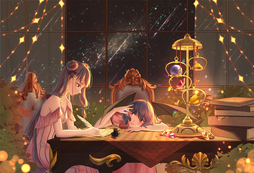 2girls absurdres bare_shoulders bat_wings blue_bow blue_hair blush book book_stack bow chair closed_mouth commentary double_bun dress eyebrows_visible_through_hair gem gold hair_bow hair_over_shoulder highres holding holding_gem indoors ink_bottle lips long_hair looking_at_object multiple_girls night night_sky no_hat no_headwear off-shoulder_dress off_shoulder on_chair orange_gemstone orb paper patchouli_knowledge pink_dress plant puffy_short_sleeves puffy_sleeves purple_eyes purple_hair quill red_bow red_eyes red_gemstone remilia_scarlet shooting_star short_hair short_sleeves sitting sky smile star_(sky) starry_sky striped striped_dress table touhou vertical-striped_dress vertical_stripes very_long_hair wanmian weighing_scale window wings writing