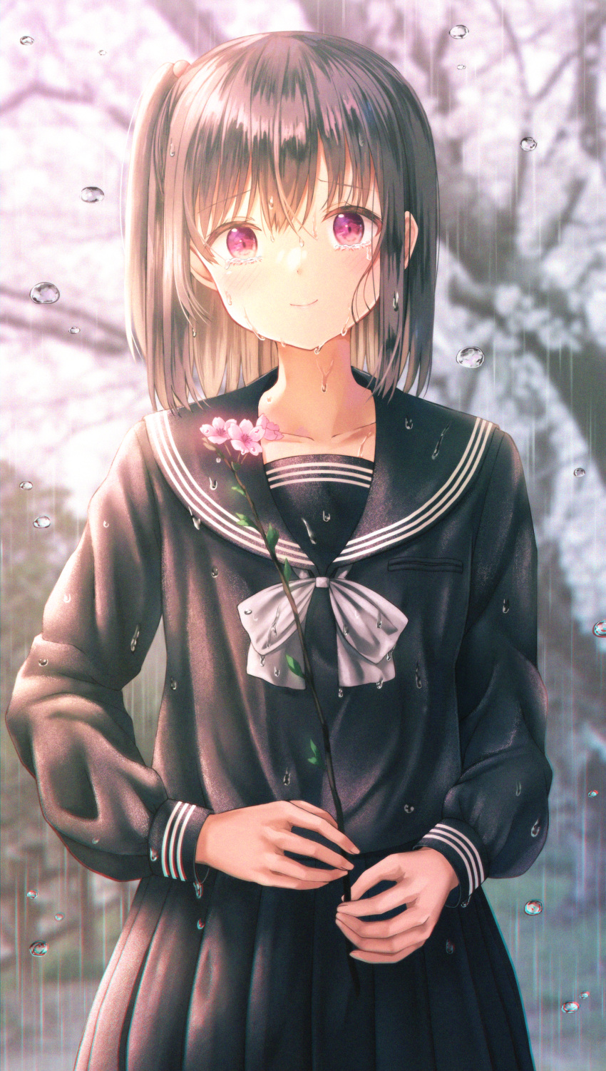 1girl absurdres bangs black_sailor_collar black_serafuku black_shirt black_skirt blurry blurry_background blush bow bowtie brown_hair closed_mouth collarbone collared_shirt crying crying_with_eyes_open eyebrows_visible_through_hair flower hair_between_eyes hair_bobbles hair_ornament highres holding holding_flower kyuupura long_hair long_sleeves original outdoors pleated_skirt rain red_eyes sailor_collar sailor_shirt school_uniform serafuku shiny shiny_hair shirt side_ponytail skirt smile solo standing tears wet wet_clothes wet_shirt wet_skirt white_bow white_bowtie