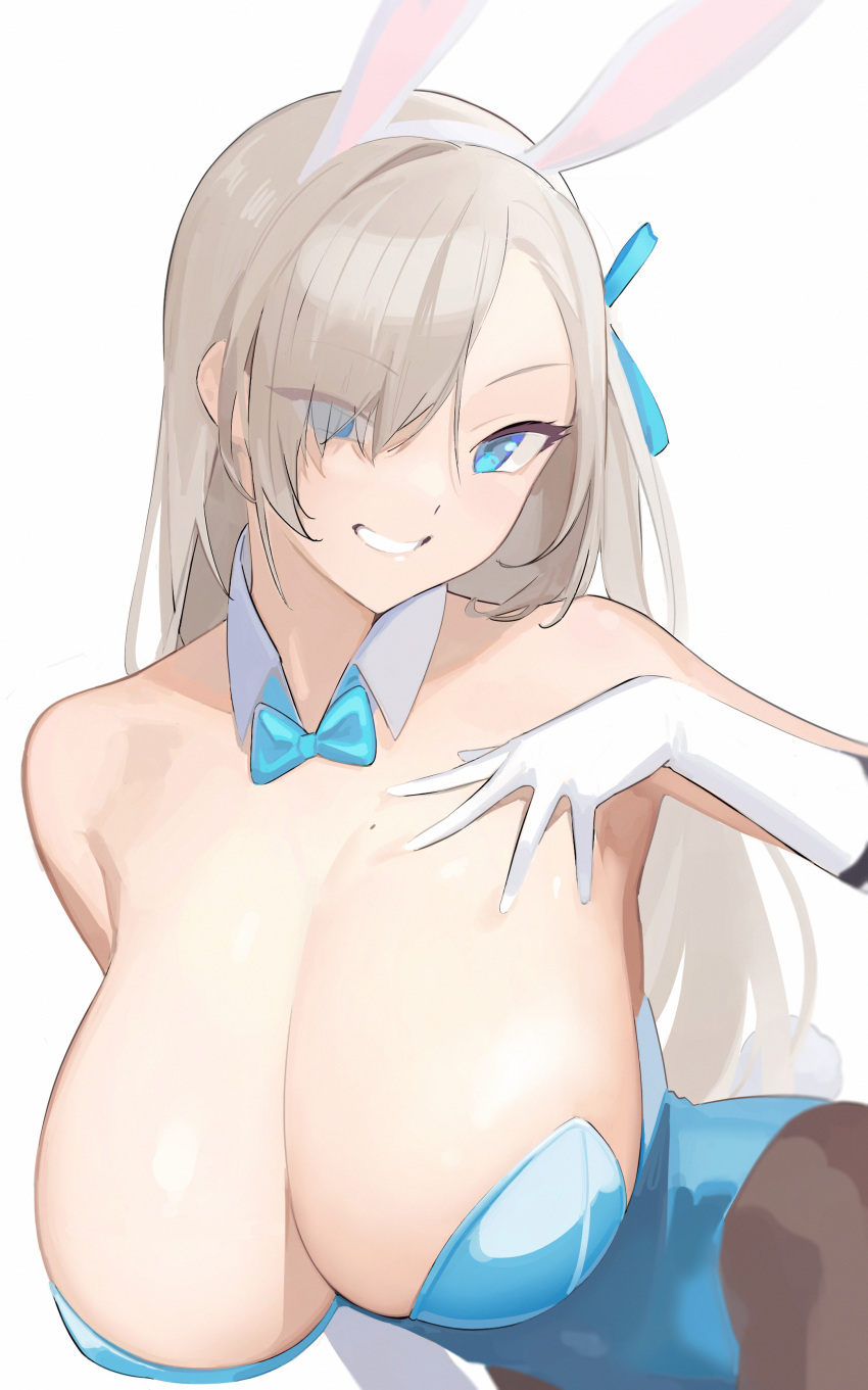 1girl absurdres animal_ears asuna_(blue_archive) asuna_(bunny_girl)_(blue_archive) bangs bare_shoulders blue_archive blue_bow blue_bowtie blue_eyes blue_leotard blue_ribbon bow bowtie breasts cleavage extra_ears eyes_visible_through_hair fake_animal_ears gloves grin hair_over_one_eye hair_ribbon hairband hand_on_own_chest highres huge_breasts leotard light_brown_eyes looking_at_viewer milim_nova mole mole_on_breast pantyhose playboy_bunny rabbit_ears rabbit_tail ribbon simple_background smile solo strapless strapless_leotard tail white_background white_gloves white_hairband wrist_cuffs