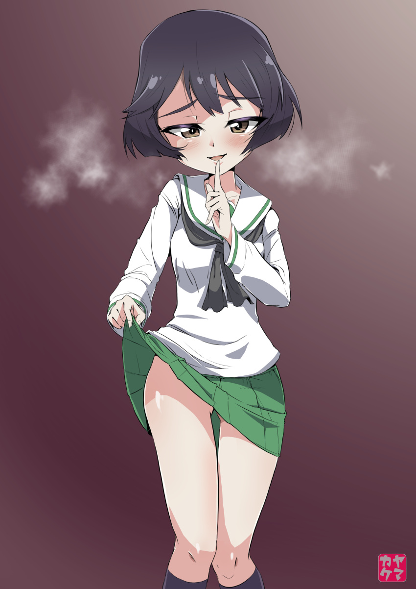 1girl absurdres black_hair blush breasts brown_eyes clothes_lift collarbone eyebrows_visible_through_hair finger_to_mouth girls_und_panzer green_skirt highres lifted_by_self looking_at_viewer no_panties ooarai_school_uniform open_mouth pleated_skirt school_uniform shiny shiny_hair shiny_skin short_hair simple_background skirt skirt_lift small_breasts smile solo utsugi_yuuki yamakake_(tororo1293)