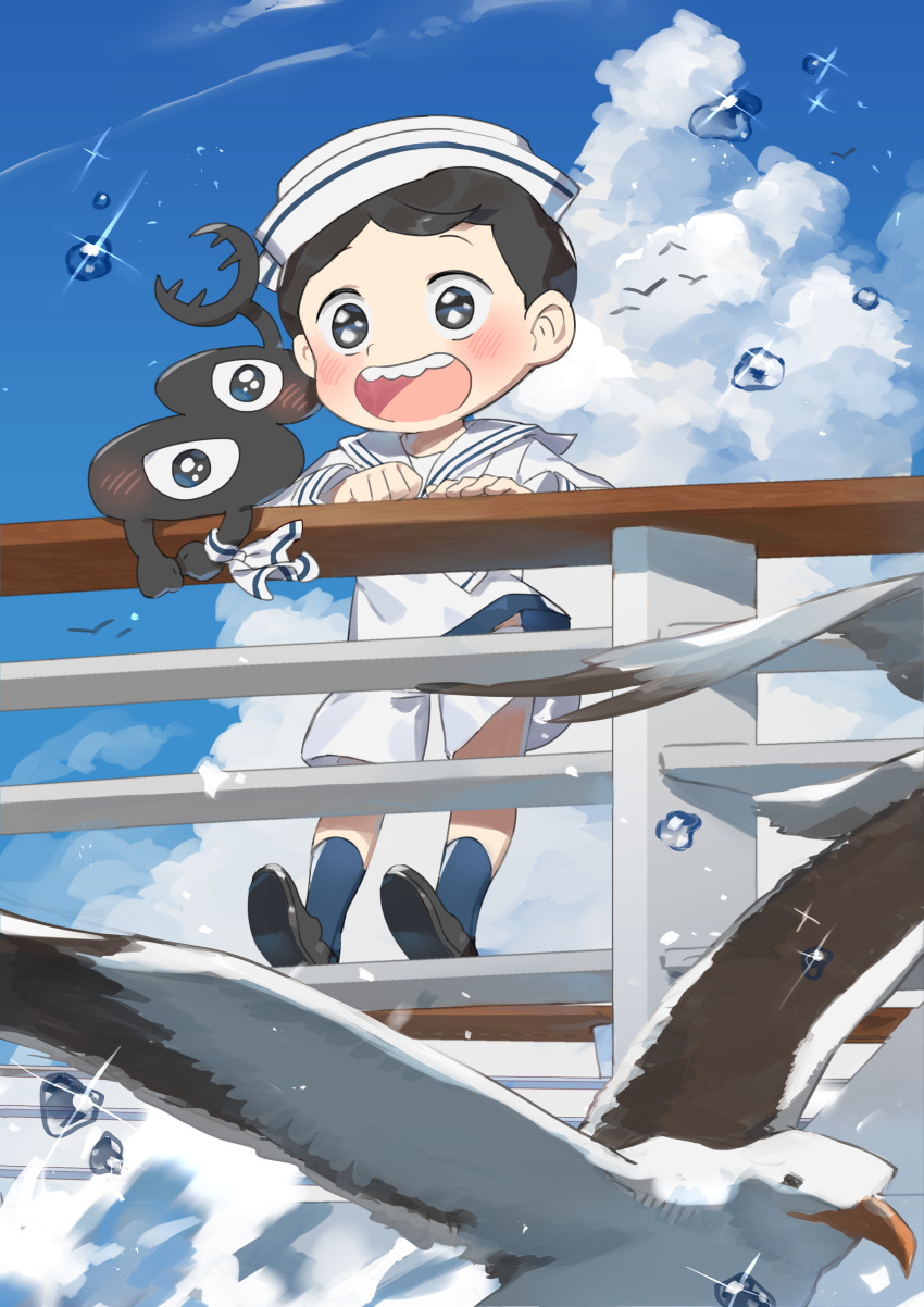 1boy :d absurdres alternate_costume aooni bangs bird black_footwear black_hair blue_legwear blush bojji cloud contemporary day happy hat highres kage_(ousama_ranking) long_sleeves male_focus open_mouth ousama_ranking outdoors sailor sailor_collar shirt shoes short_hair shorts sky smile socks sparkle standing symbol-only_commentary teeth tongue upper_teeth water_drop white_headwear white_shirt white_shorts