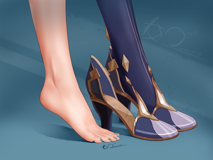 1girl absurdres artist_name barefoot blue_background blue_nails close-up dated feet feet_only foot_focus from_side genshin_impact greek_toe high_heels highres nail_polish out_of_frame purple_footwear purple_legwear shoes shoes_removed single_shoe single_thighhigh solo stiletto_heels thighhighs tiptoes toenail_polish toenails toes xhb yelan_(genshin_impact)