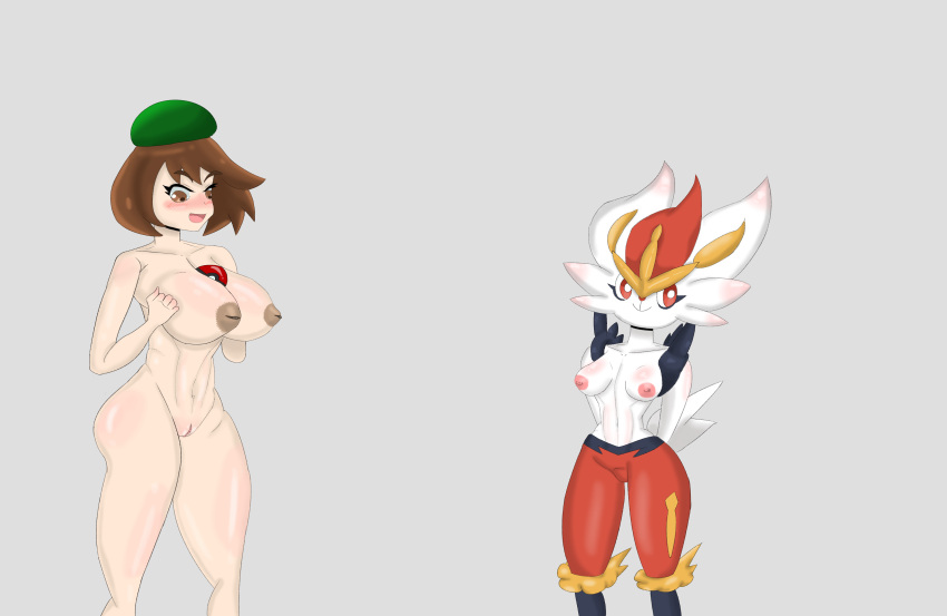 absurd_res anthro big_breasts blush breast_squish breasts brown_hair cinderace clothed clothing cobra_bubbles99 duo female fur genitals gloria_(pok&eacute;mon) grey_background hair hands_behind_back hat hat_only headgear headgear_only headwear headwear_only hi_res human inverted_nipples lagomorph leporid looking_away mammal mostly_nude navel nintendo nipples nude pok&eacute;ball pok&eacute;mon pok&eacute;mon_(species) pussy rabbit red_eyes simple_background small_breasts squish tam_o'_shanter topless topless_anthro video_games white_body white_fur