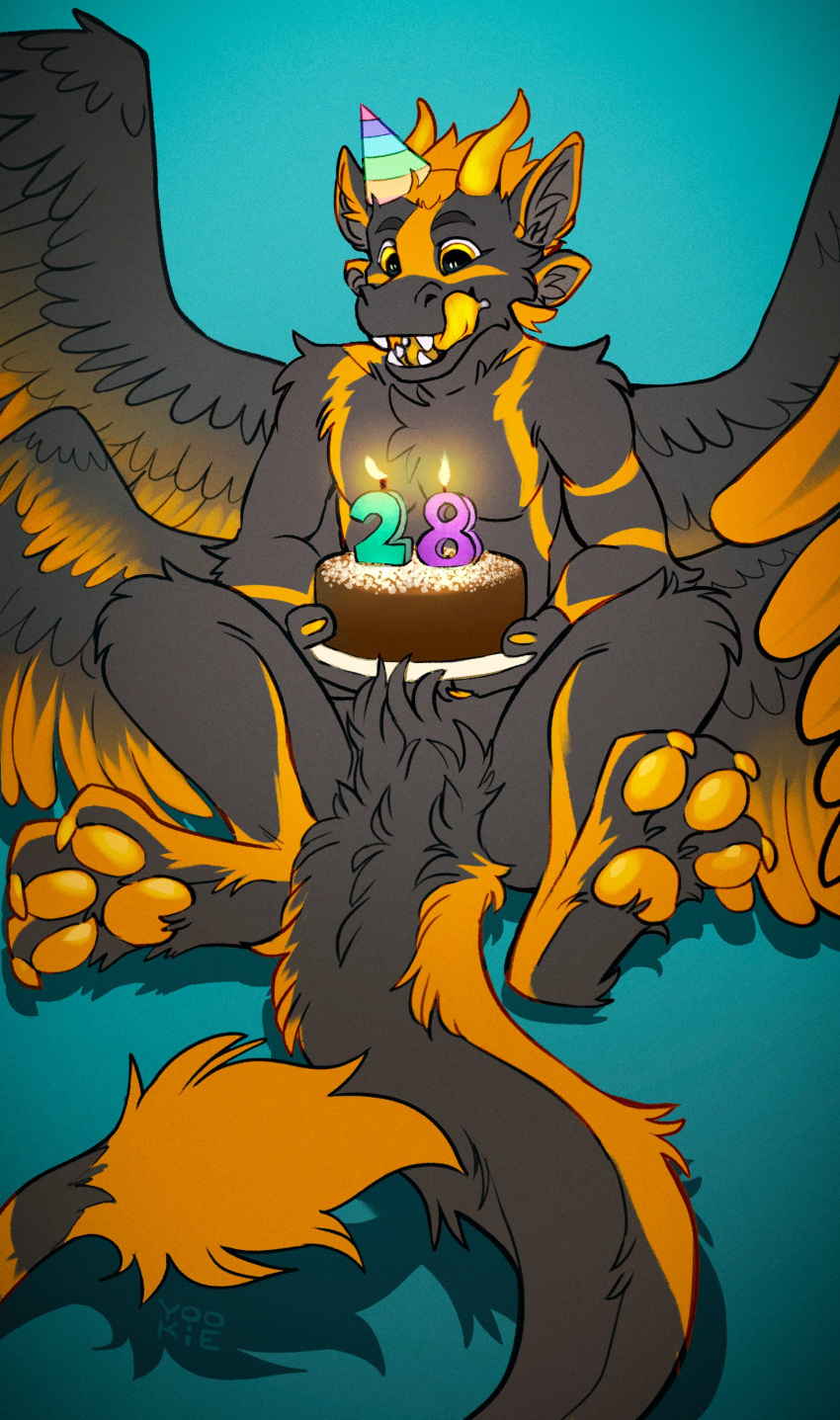 3_toes absurd_res anthro biped birthday_cake black_body black_ears black_eyebrows black_feathers black_fur black_wings cake cheek_tuft chest_tuft claws clothing crotch_tuft dessert eyebrows facial_tuft fangs feathers feet food fur glistening glistening_pawpads grey_inner_ear_fluff hair hat headgear headwear hi_res horn inner_ear_fluff licking licking_lips licking_own_lips male open_mouth orange_body orange_claws orange_ears orange_eyes orange_feathers orange_fur orange_hair orange_horn orange_pawpads orange_wings party_hat pawpads self_lick shoulder_tuft signature sitting smile solo spread_legs spreading toes tongue tongue_out tuft wings yookie