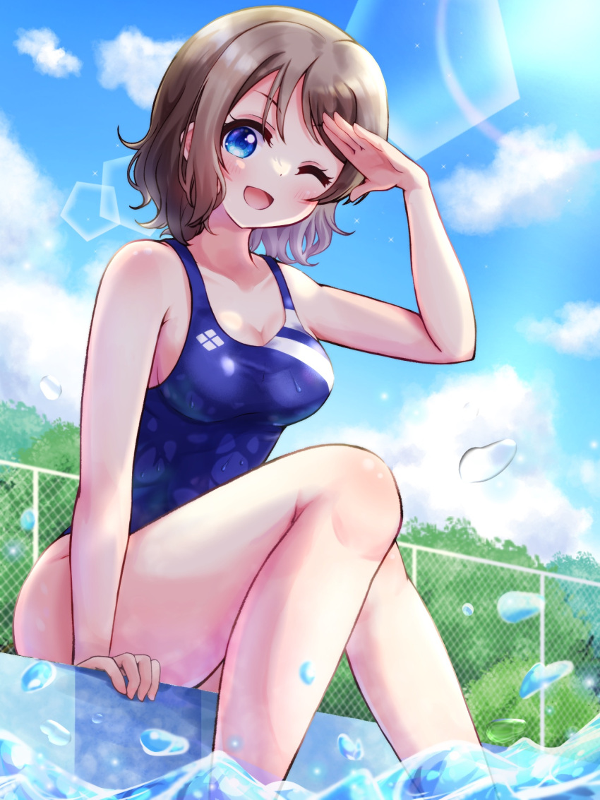 1girl blue_eyes blue_sky blue_swimsuit breasts chain-link_fence cleavage cloud competition_swimsuit day fence grey_hair highres lens_flare love_live! love_live!_sunshine!! medium_breasts one-piece_swimsuit one_eye_closed outdoors poolside ritaso short_hair sitting sky smile soaking_feet solo swimsuit watanabe_you water