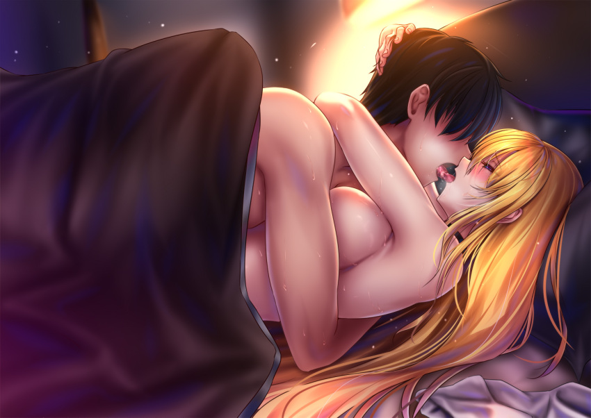 akeyama_kitsune azur_lane bed blonde_hair breasts choker commander_(azur_lane) eye_contact french_kiss hand_on_another's_head happy_sex hug implied_sex kiss large_breasts long_hair looking_at_another missionary north_carolina_(azur_lane) nude on_bed pillow sex sweat under_covers
