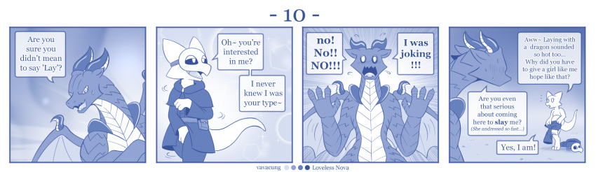 blue_and_white blush clothing comic detailed_background dialogue dragon english_text female feral hi_res horn larger_feral male monochrome size_difference smaller_female suggestive_dialogue text undressing vavacung wings