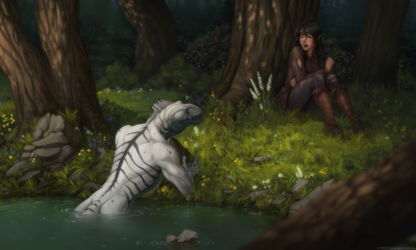2022 clothed clothing detailed_background digital_media_(artwork) female feral forest grass human kasia88 male mammal night outside partially_submerged plant tree
