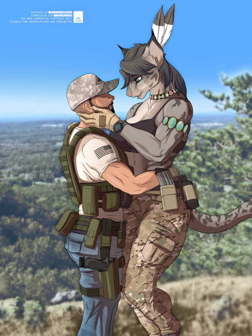 absurd_res anthro armor beard bethesda_softworks blue_eyes body_armor bottomwear clothing cole_mclean dark_hair delta.dynamics duo english_text facial_hair feathers felid female fur grey_body grey_fur gun handgun hat headgear headwear hi_res human jewelry khajiit larger_female male male/female mammal muscular muscular_female muscular_male pants pistol ranged_weapon size_difference smaller_male stars_and_stripes text the_elder_scrolls united_states_of_america video_games weapon