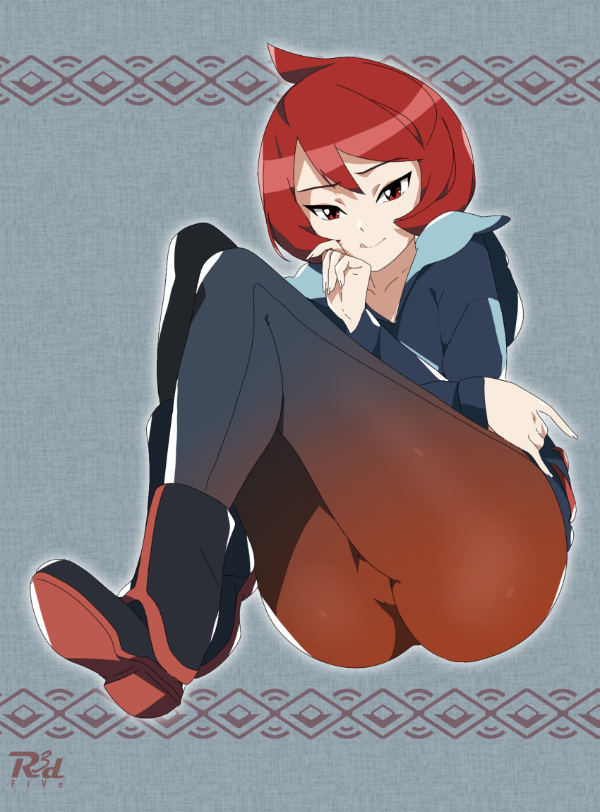 1girl arezu_(pokemon) ass bangs blush collarbone commentary cowlick diamond_clan_outfit english_commentary gradient gradient_legwear hair_between_eyes highres jacket long_sleeves looking_at_viewer pantyhose pokemon pokemon_(game) pokemon_legends:_arceus r3dfive red_eyes red_hair short_hair solo