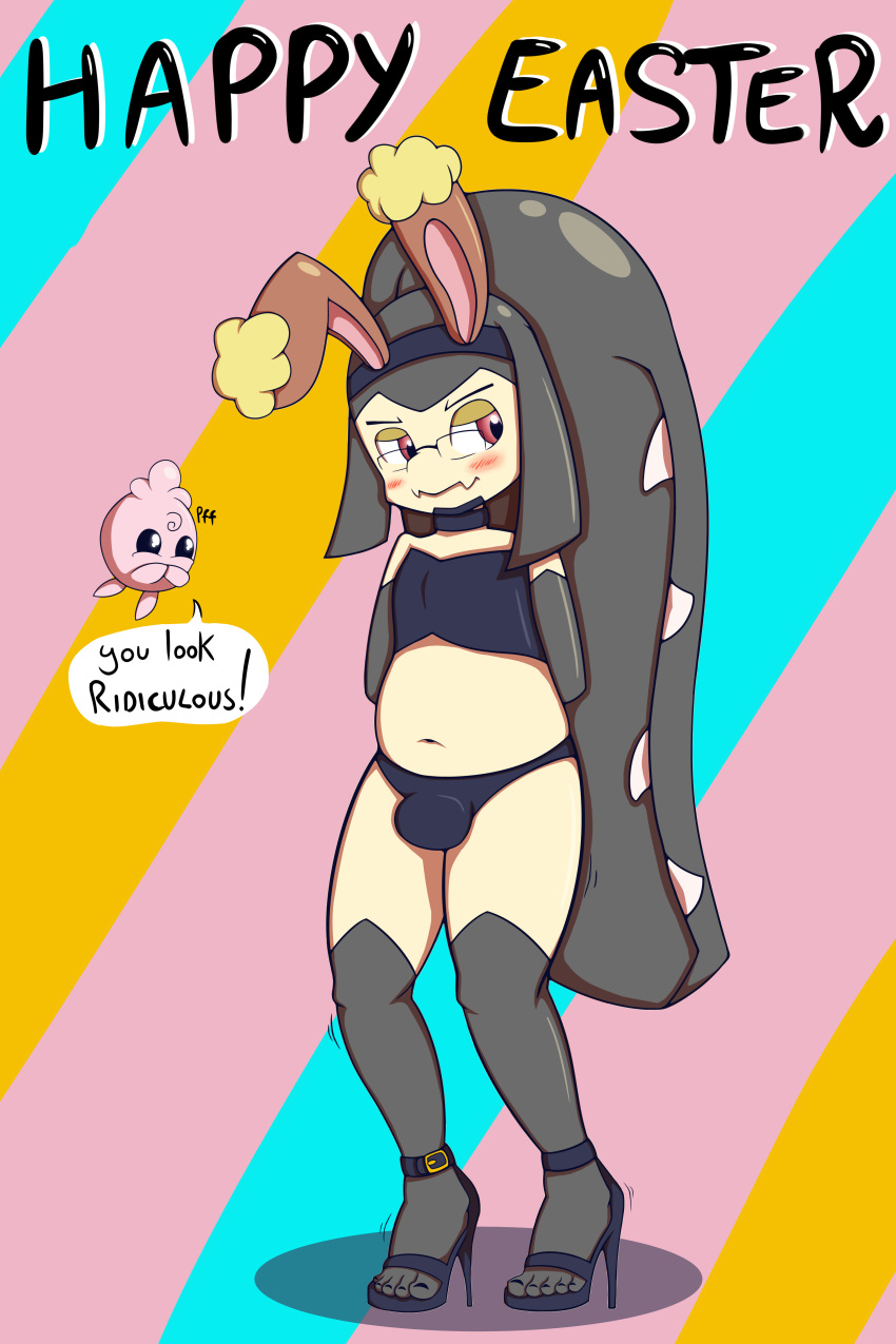 2_mouths absurd_res anthro bulge bunny_costume clothing costume easter embarrassed eyewear fake_ears fake_rabbit_ears feet girly glasses hands_behind_back hi_res high_heels holidays humanoid humanoid_feet humiliation igglybuff looking_away male mawile mhicky93 mhicky_(mhicky93) multi_mouth navel nintendo pok&eacute;mon pok&eacute;mon_(species) shaking_legs simple_background slightly_chubby solo tiva_(mhicky93) toes video_games
