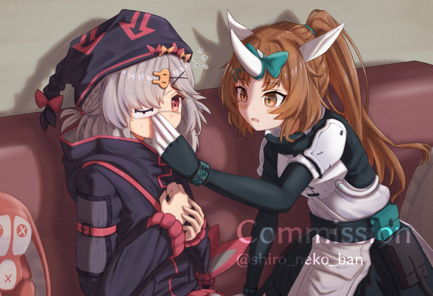 2girls animal_ears arknights black_gloves black_jacket black_shirt blue_bow bow braid brown_eyes brown_hair bunny_hair_ornament character_request commentary_request commission couch elbow_gloves eyepatch flying_sweatdrops gloves grey_hair hair_bow hair_ornament hairclip horns jacket long_hair long_sleeves multiple_girls on_couch own_hands_together ponytail popukar_(arknights) puffy_short_sleeves puffy_sleeves red_eyes shironekoban shirt short_sleeves single_horn sitting skeb_commission stuffed_animal stuffed_bunny stuffed_toy twitter_username very_long_hair watermark x_hair_ornament