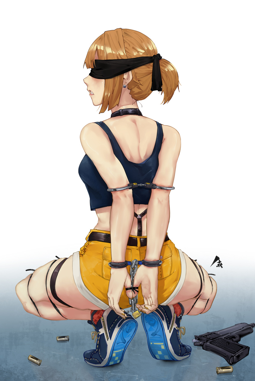 1girl absurdres arms_behind_back bangs bdsm blindfold blue_footwear bondage bound breasts chain choker commission cuffs earrings eyebrows_visible_through_hair from_behind full_body girls'_frontline grizzly_mkv grizzly_mkv_(girls'_frontline) grizzly_mkv_(weekend_cop)_(girls'_frontline) gun hair_ornament hair_scrunchie handcuffs handgun highres jewelry lock looking_back official_alternate_costume padlock pick'k restrained scrunchie second-party_source shell_casing short_hair short_ponytail short_shorts shorts skindentation socks squatting tank_top thigh_strap weapon yellow_shorts
