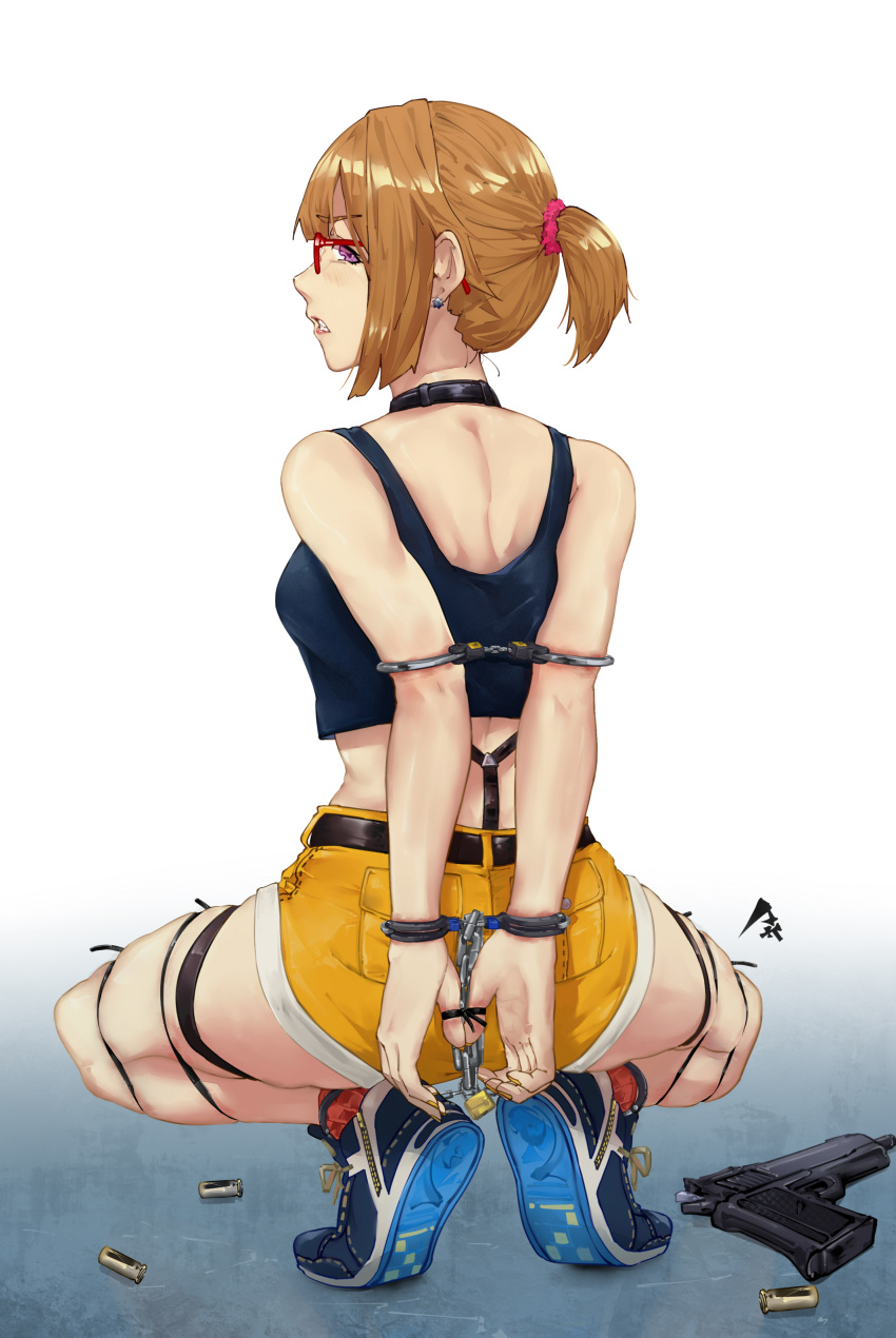 1girl absurdres arms_behind_back bangs bdsm blue_footwear bondage bound breasts chain choker commission cuffs earrings eyebrows_visible_through_hair from_behind full_body girls'_frontline glasses grizzly_mkv grizzly_mkv_(girls'_frontline) grizzly_mkv_(weekend_cop)_(girls'_frontline) gun hair_ornament hair_scrunchie handcuffs handgun highres jewelry lock looking_back official_alternate_costume padlock pick'k purple_eyes restrained scrunchie second-party_source shell_casing short_hair short_ponytail short_shorts shorts skindentation socks squatting tank_top thigh_strap weapon yellow_shorts