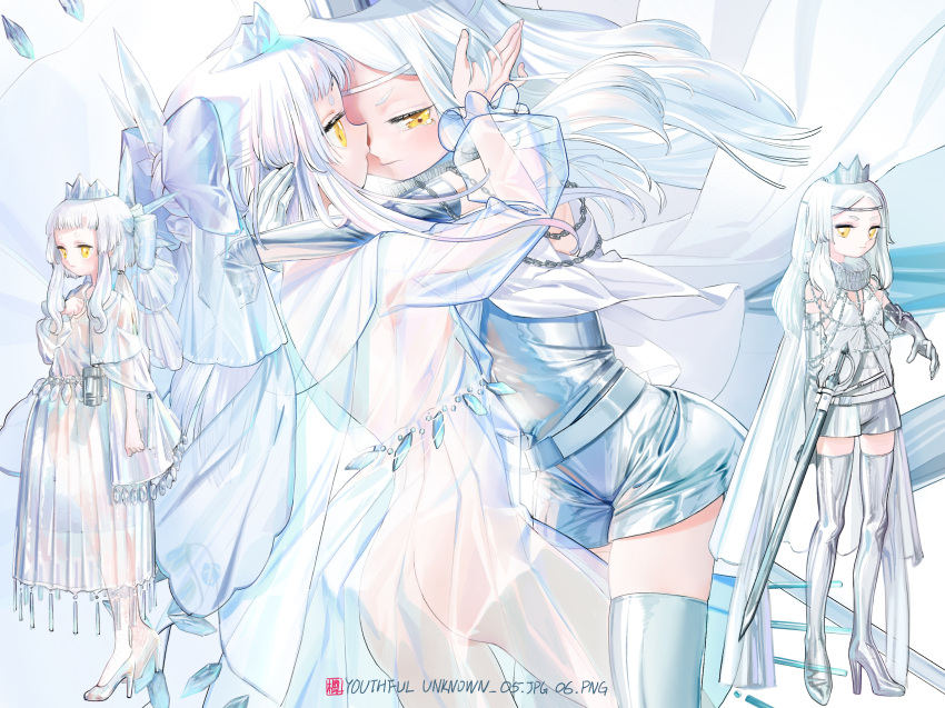 2girls ass boots bow breasts chain crown crystal dress elbow_gloves face-to-face full_body gloves hair_bow hair_ribbon high_heel_boots high_heels highres holding_another's_head hug kaede_(shijie_heping) large_bow long_hair looking_at_another multiple_girls multiple_views original ribbon see-through see-through_dress shiny shiny_clothes short_eyebrows shorts small_breasts sword tearing_up thigh_boots thighhighs tiara weapon white_hair yellow_eyes