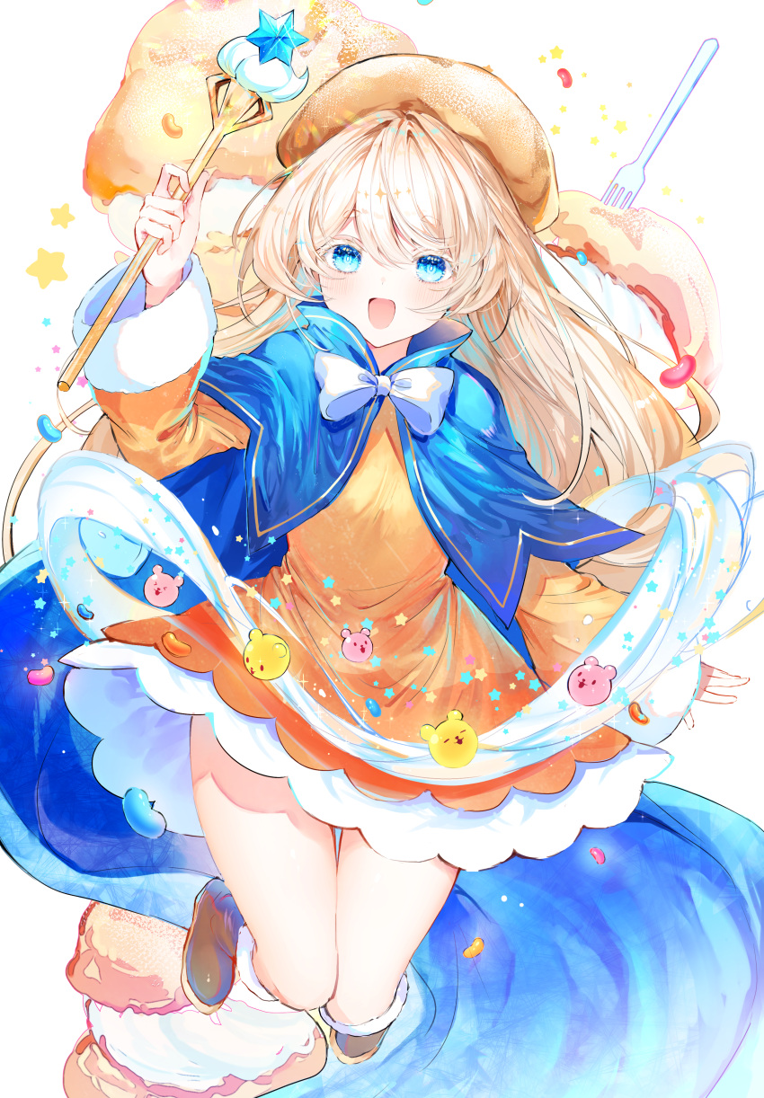 1girl :d absurdres arm_up bangs beret blonde_hair blue_cape blue_eyes blush bow brown_headwear cape cookie_run cream_puff_cookie dress eyebrows_visible_through_hair food fork fur-trimmed_sleeves fur_trim hand_up hat highres holding holding_wand long_hair long_sleeves noyu_(noyu23386566) orange_dress shoes short_eyebrows smile solo thick_eyebrows wand white_background white_bow wide_sleeves