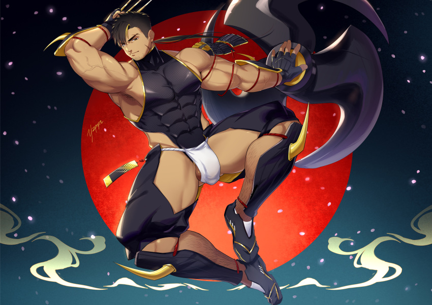 1boy abs absurdres armor armpit_hair armpits artist_name ass_visible_through_thighs bara biceps black_hair blonde_hair bulge buzz_cut claws covered_abs covered_nipples crotchless facial_hair fingerless_gloves flying fundoshi gauntlets gloves hairy highres japanese_clothes large_pectorals leather leg_armor leg_hair looking_at_viewer male_focus male_underwear manly mature_male moon multicolored_hair muscular muscular_male night night_sky ninja original pants pectorals petals red_moon sandals scar scar_on_face scarf shirt short_hair shoulder_armor shoulder_pads shuriken sidepec sky sleeveless socks solo spiked_hair spread_legs steam stubble thick_arms thick_eyebrows thick_thighs thighs turtleneck underwear veins veiny_arms very_short_hair weapon yzpyn