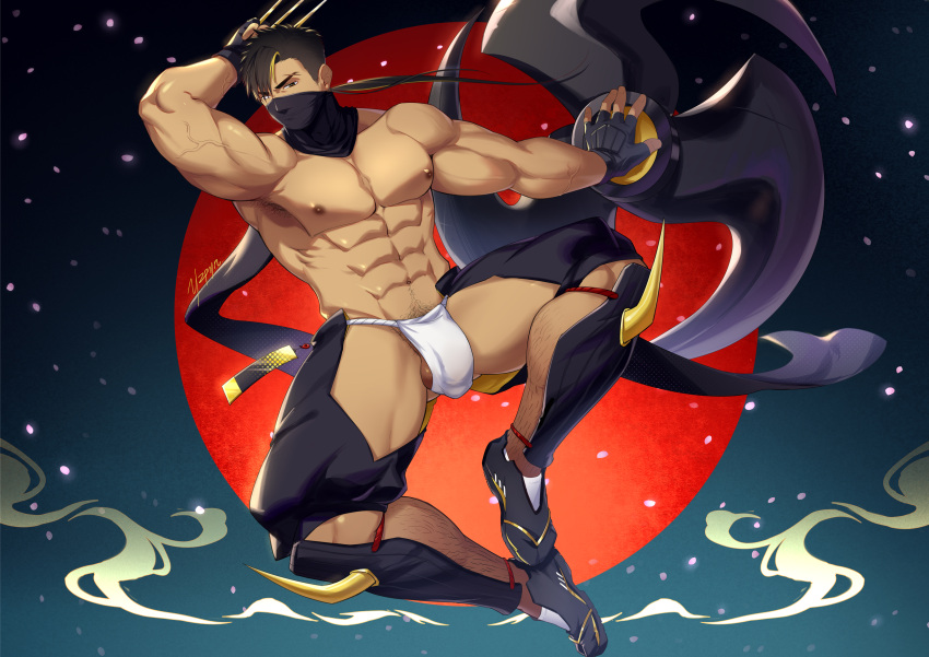 1boy abs absurdres armor armpit_hair armpits artist_name ass_visible_through_thighs bara biceps black_hair blonde_hair bulge buzz_cut claws covered_mouth crotchless fingerless_gloves flying fundoshi gloves hairy highres japanese_clothes large_pectorals leather leg_armor leg_hair looking_at_viewer male_focus male_underwear manly mask mature_male moon multicolored_hair muscular muscular_male navel navel_hair night night_sky ninja nipples original pants pectorals petals red_moon sandals scar scar_on_face scarf short_hair shuriken sidepec sky socks solo spiked_hair spread_legs steam thick_arms thick_eyebrows thick_thighs thighs topless topless_male turtleneck underwear veins veiny_arms very_short_hair weapon yzpyn