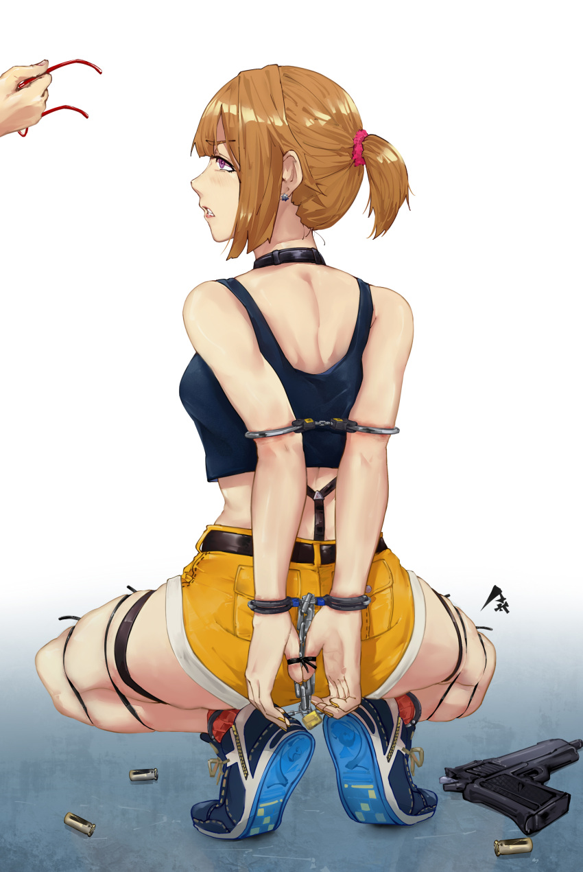 1girl absurdres arms_behind_back bangs bdsm blue_footwear bondage bound breasts chain choker commission cuffs earrings eyebrows_visible_through_hair from_behind full_body girls'_frontline grizzly_mkv grizzly_mkv_(girls'_frontline) grizzly_mkv_(weekend_cop)_(girls'_frontline) gun hair_ornament hair_scrunchie handcuffs handgun highres jewelry lock official_alternate_costume padlock pick'k purple_eyes restrained scrunchie second-party_source shell_casing short_hair short_ponytail short_shorts shorts skindentation squatting tank_top thigh_strap weapon yellow_shorts
