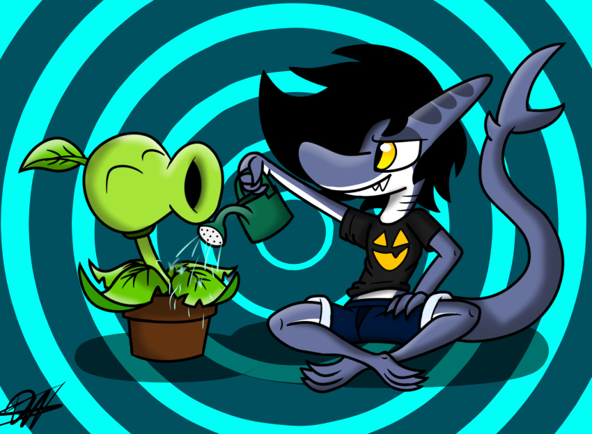 abstract_background anthro black_clothing black_shirt black_topwear claws clothing duo electronic_arts elemental_creature fish flora_fauna flower_pot humanoid intersex intersex/male male marine peashooter_(pvz) phalanx_b_deer plant plants_vs._zombies popcap_games requiem_shark shark shark_night shirt spiral_background tiger_shark topwear video_games water watering_can