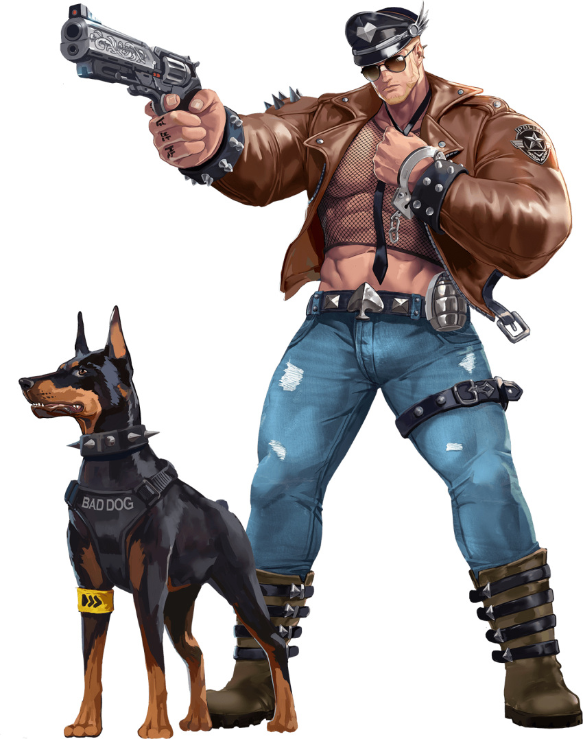 1boy aiming alternate_costume artist_request bara beard biceps blonde_hair boots chest_plate collar collared_jacket crop_top crotchless cuffs denim dog explosive facial_hair finger_tattoo fishnets glasses grenade gun gyee handcuffs hat highres jacket jeans leather leather_belt leather_boots leather_jacket leg_belt male_focus manly mature_male muscular muscular_male navel official_art open_clothes open_jacket pants police_hat revolver santos_(gyee) short_hair spade_(shape) spiked_collar spiked_jacket spikes tattoo thick_arms thick_thighs thighs tight transparent_background unzipped weapon