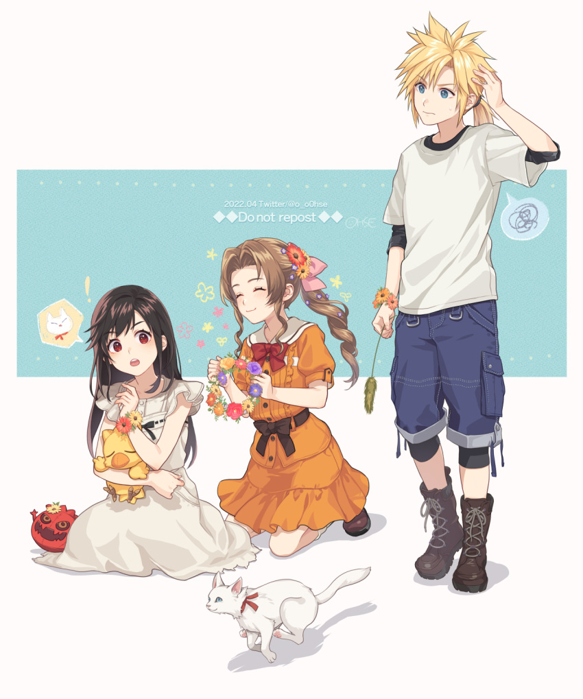 1boy 2girls aerith_gainsborough black_hair blonde_hair bomb_(final_fantasy) braid braided_ponytail brown_hair cat cattail chocobo cloud_strife final_fantasy final_fantasy_vii final_fantasy_vii_remake head_wreath highres multiple_girls ohse plant ponytail short_ponytail shorts sitting smile tifa_lockhart younger